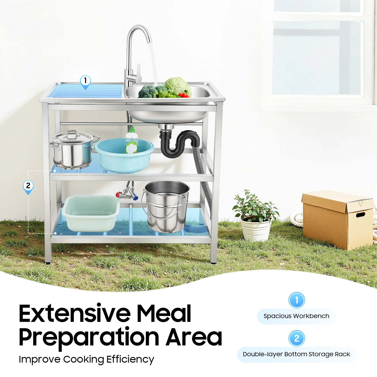 

Outdoor Stainless Steel Sink Freestanding Portable Kitchen Sink with Faucet and Storage Rack for Backyard Balcony Camping RV