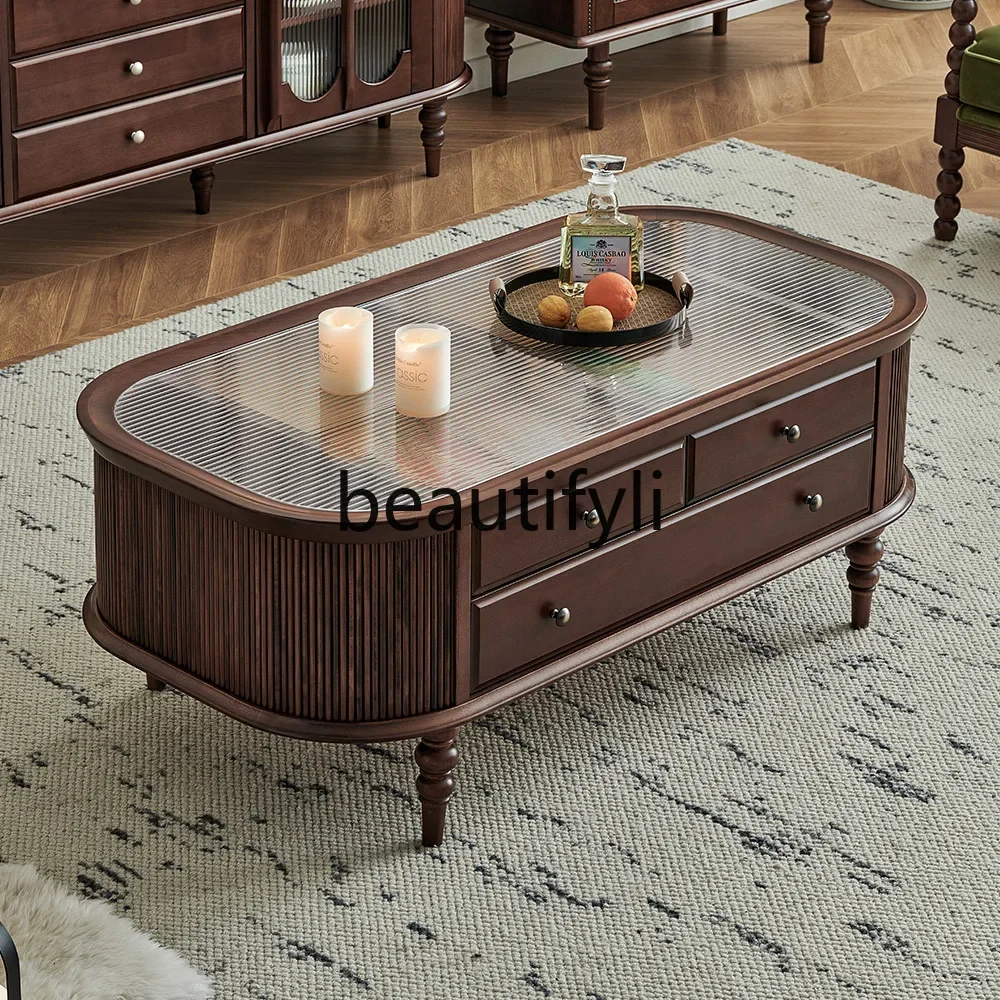 

French retro coffee table American solid wood oval tempered glass