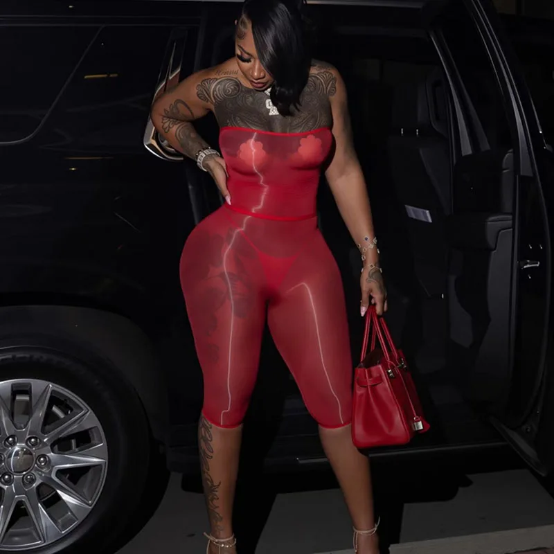 Sexy See Through Mesh Festival Outfits Woman Two Piece Set Party Club Rave Clothes Strapless Crop Top and Knee-length Pants Sets