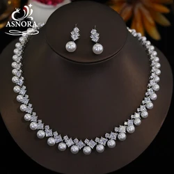 Elegant White CZ Wedding Accessories for Women Brides Classic Round Pearl Necklace and Earrings Costume Jewelry Sets X0482