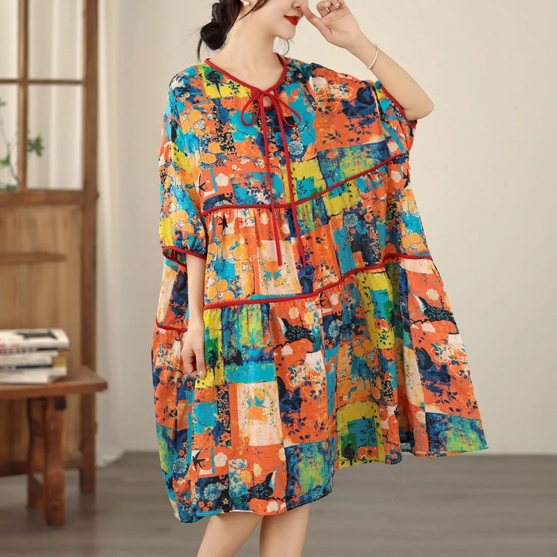 

Летнее хлопково-льняное платье большого размера с принтом, воротником и завязками, свободного кроя, элегантное, стройнящее, универсальное, в художественном стиле, с завышенной талией, А-силуэт