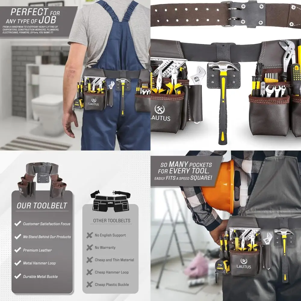 

Leather Tool Belt for Carpenters and Construction Workers - 100% Leather, Adjustable Pockets, 8 Pockets, 4 Loops & Hammer Holder