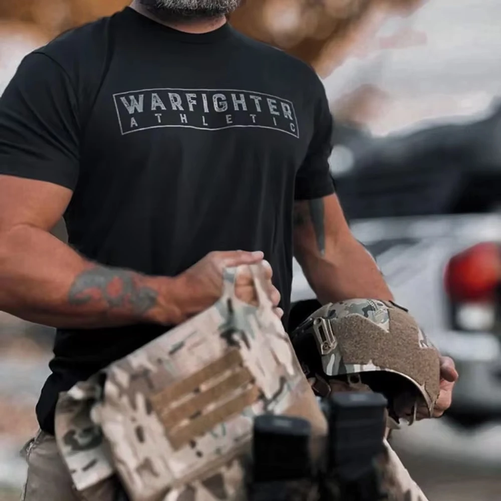 2026 Summer American Military Style WARFIG Tactical Round Neck Short Sleeve Tough Guy Club Fashion Printed Short Sleeve for Men