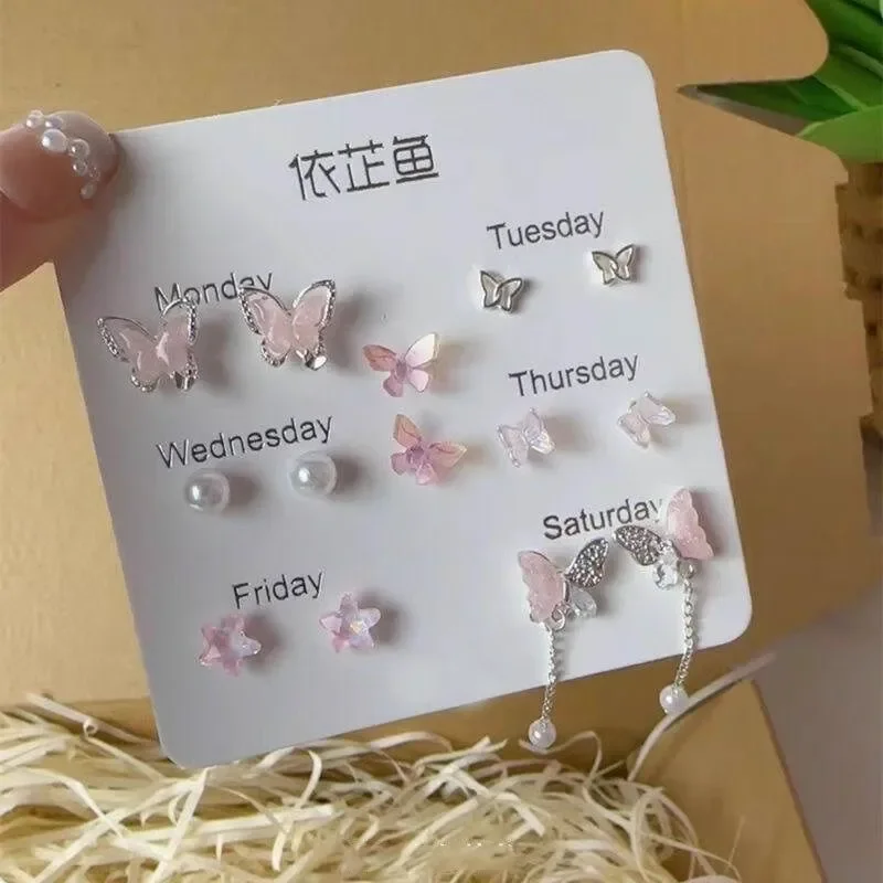 Colorful Flower Butterfly Earrings Seven-piece Set For Women Fashion Personalized Daily Accessory Party Jewelry Birthday Gifts