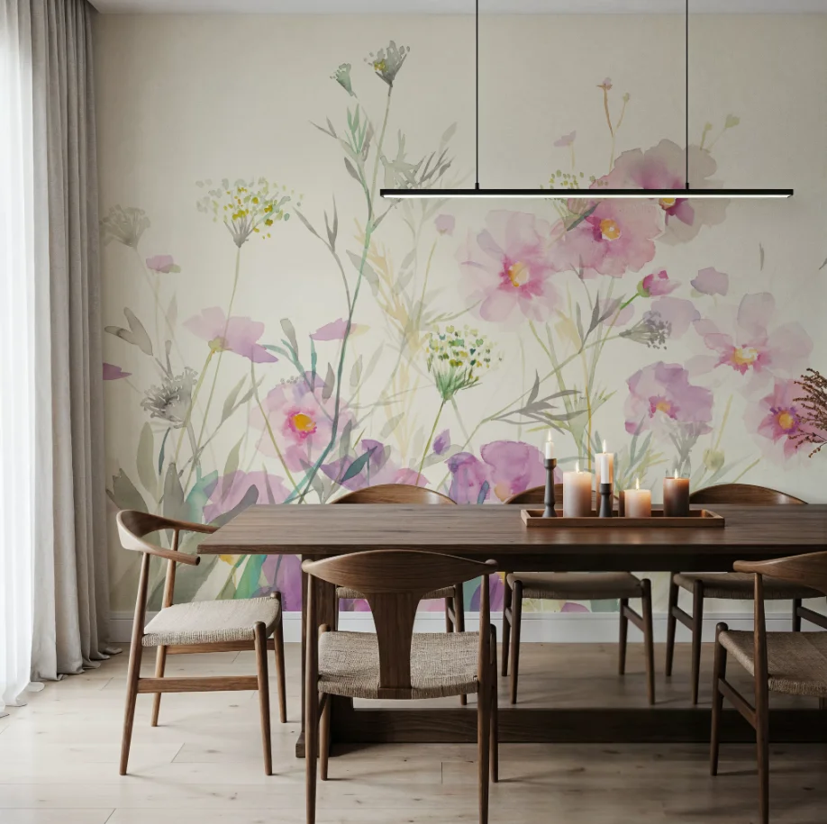 Customized Size Mural Soft Watercolor Hand drawn Wildflower Effect 3d Wallpaper Cartoon Children's Room Kindergarten Decoration