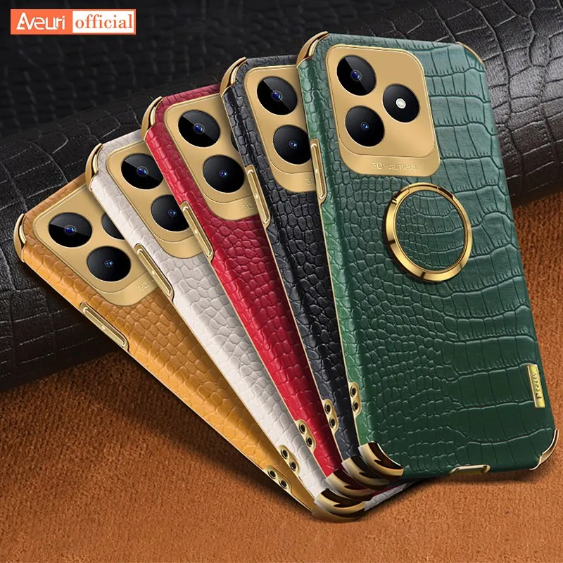 Luxury Leather Phone Case For Realme C53 C55 Back Cover Ring Car Holder Silicone Full Protection Case For Realme Narzo N53 N55