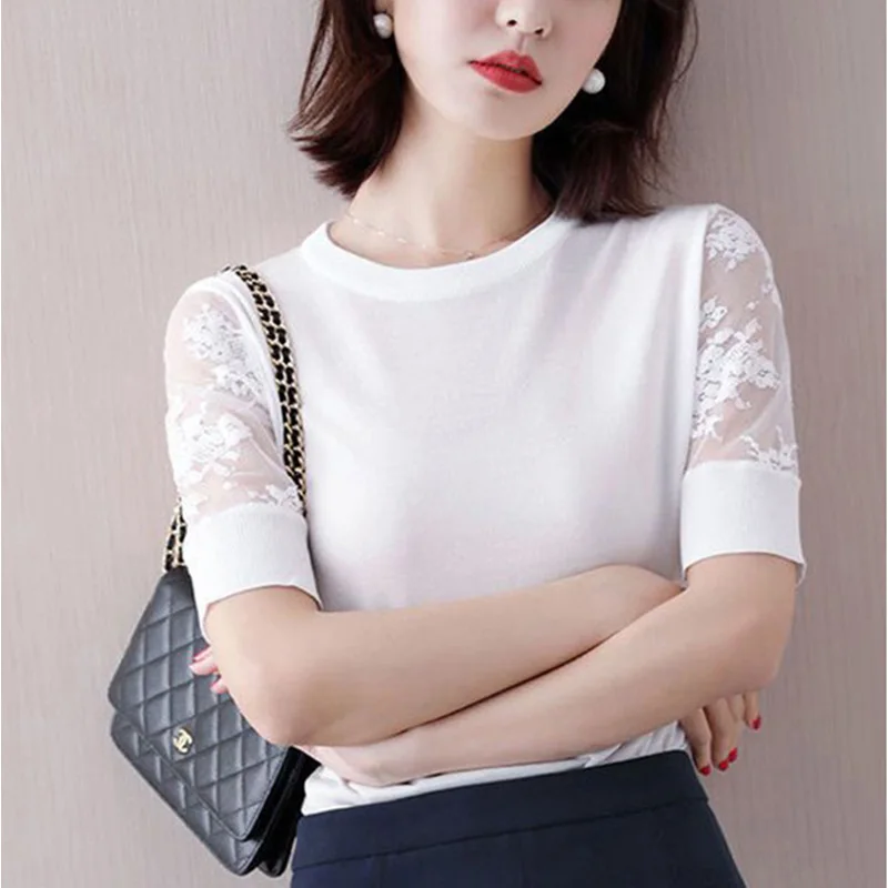 Fashion O-Neck Spliced Loose Mesh Lace Blouse Women\'s Clothing 2023 Summer New Casual Pullovers Tops All-match Office Lady Shirt