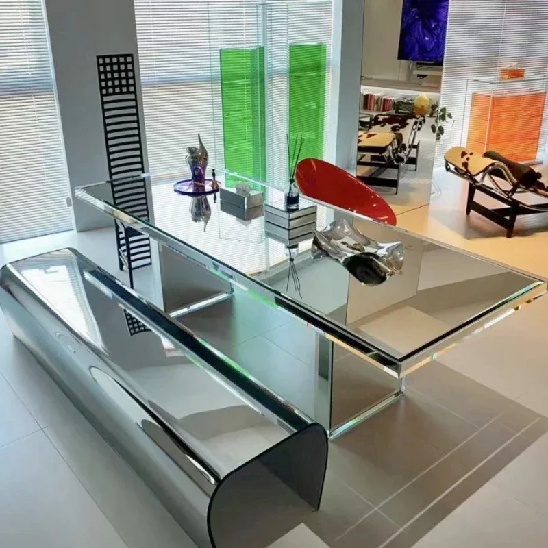 Italian light luxury glass dining table modern minimalist high-end home living room high-end dining table rectangular conferenc