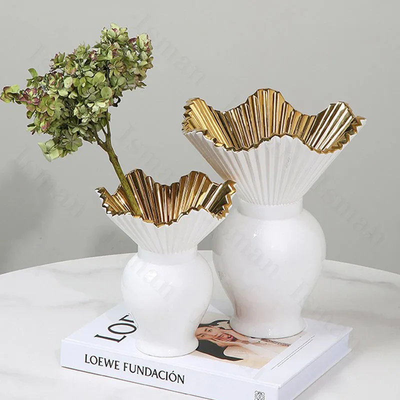 Light Luxury Lotus Edge Ceramic Vase European Style Home Large Caliber Flower Arrangement Desktop Vases Living Room Decoration