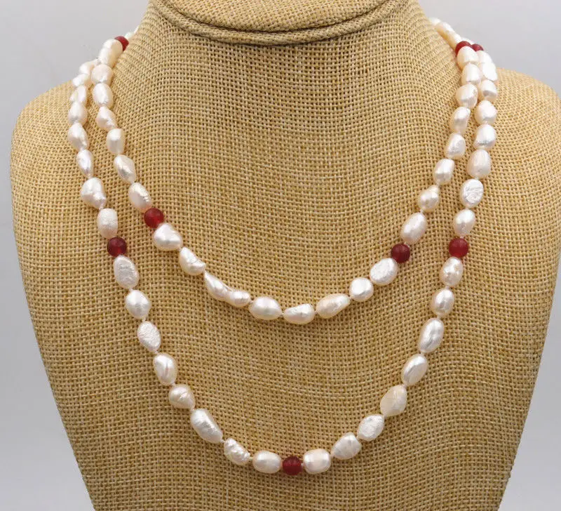 

NEW long 48" 7-8mm baroque white freshwater pearl red ruby necklace AAA