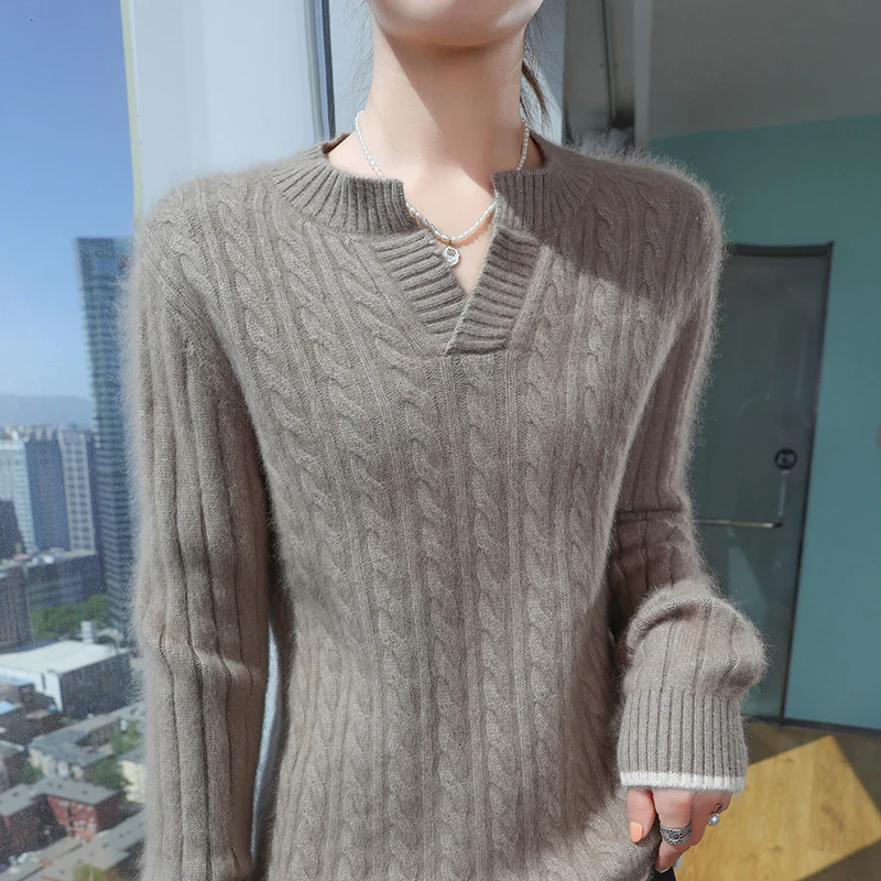 V Neck Twisted Pullover Autumn Winter Women Simple Generous 100% Pure Mink Cashmere Sweater Slim Comfort Classic Knit Top