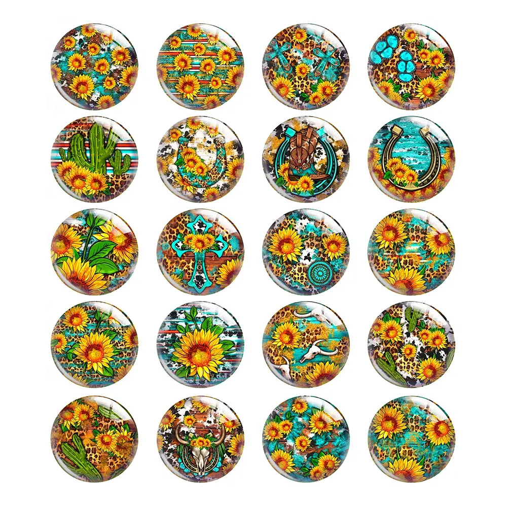 Western Sunflower Horseshoe Cross Cactus Round Photo Glass Cabochon Demo Flat Back For DIY Jewelry Making Supplies Snap Button