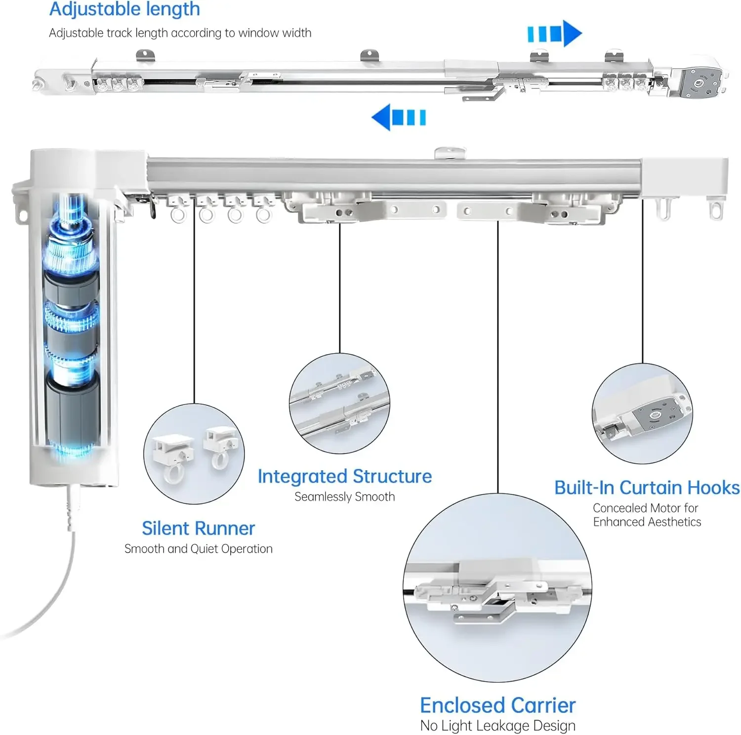 Curtains Track System, Automatic Curtain Opener With Remote, Electric Ceiling Track with Adjustable Rail