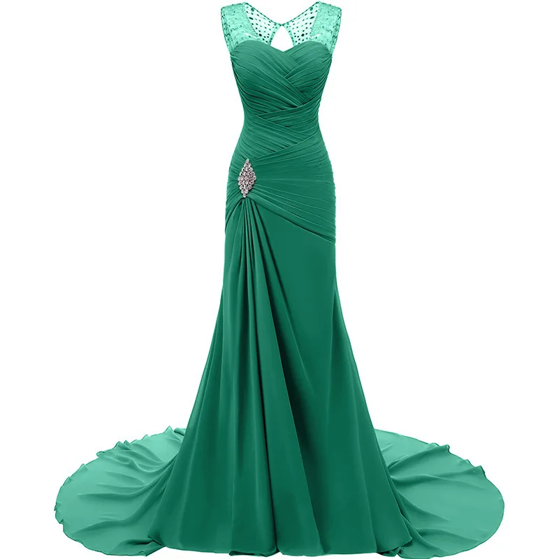 

ANGELSBRIDEP Mermaid Sheer Neck Chiffon Beading Crystals Evening Dresses Wedding Party Formal Prom Birthday Dress Court Train