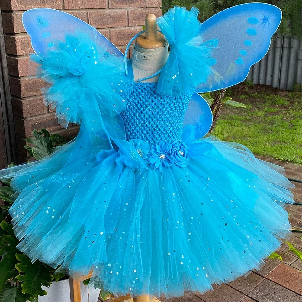 Glitter Blue Fairy Costume for Girls Lined 2 Layers Tulle Princess Dress Kids Halloween Birthday Party Flower Fairy Tutu Dresses