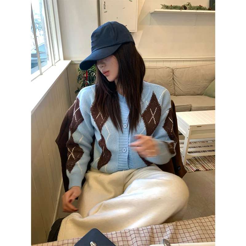 

Cropped Argyle Knitted Cardigan Women Harajuku Patchwork Sweater Outerwears Korean Fashion Knitwears Winter Long Sleeve Jumpers