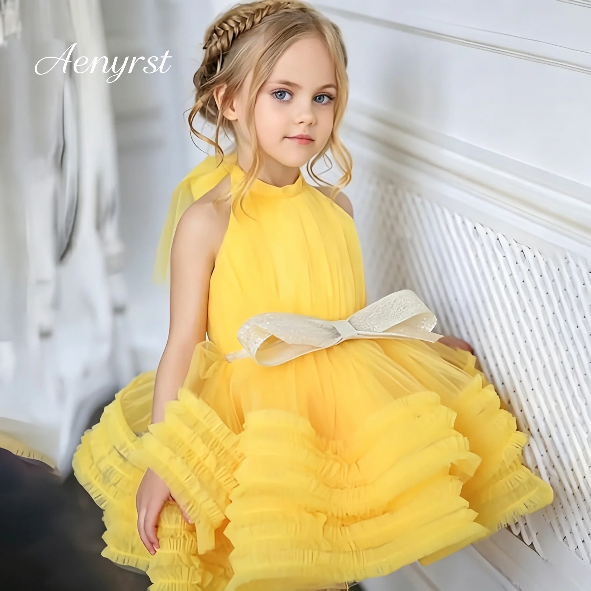 Girls Yellow Halter Neck Tulle Flower Girl Dress Multi‑Layer Ruffle Bow Sash Kids Birthday Wedding Party Photoshoot Gown Custom