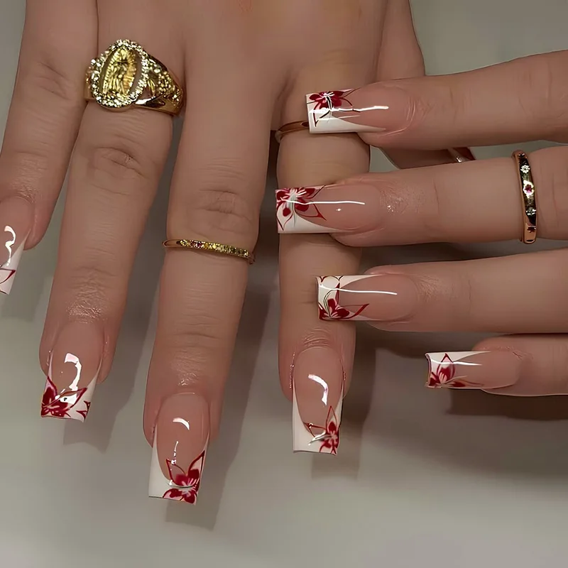 

24pcs Simple False Nails Art Wearable White French Mid-length Ballet Fake Nail Sets Detachable Flower Design Press on Nails Tips