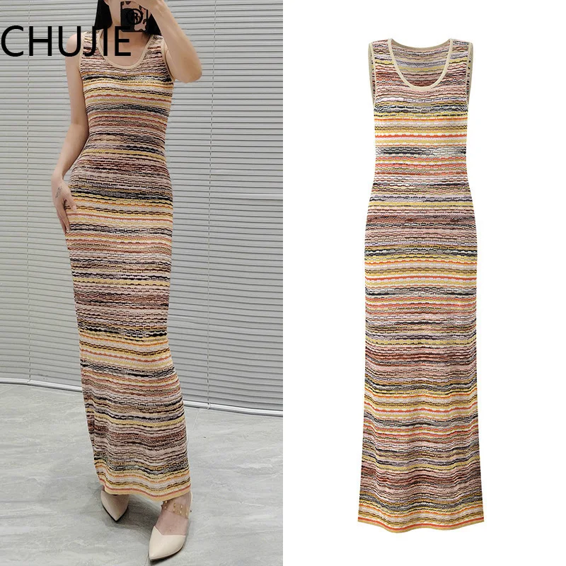 

CHUJIE Color Block Knit Dress - Round Neck Slim Fit - Sleeveless Bodycon - Spring Summer Elegant - Viscose Blend