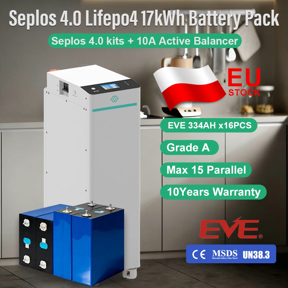 

Аккумуляторная батарея LiFePO4 для ЕС, 17 кВт·ч, комплекты Seplos 4.0, батареи EVE334 класса A, активный балансир 10А, CAN RS485, DIY аккумуляторный блок, без налога и с бесплатной доставкой