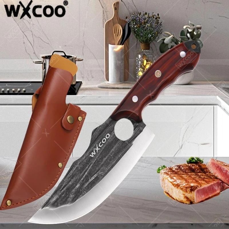 WXCOO Geschmiedetes Metzgermesser DIY Küche Fisch Boning BBQ Kochen Edelstahl Obst Schneiden Gemüse Kochmesser Holzgriff