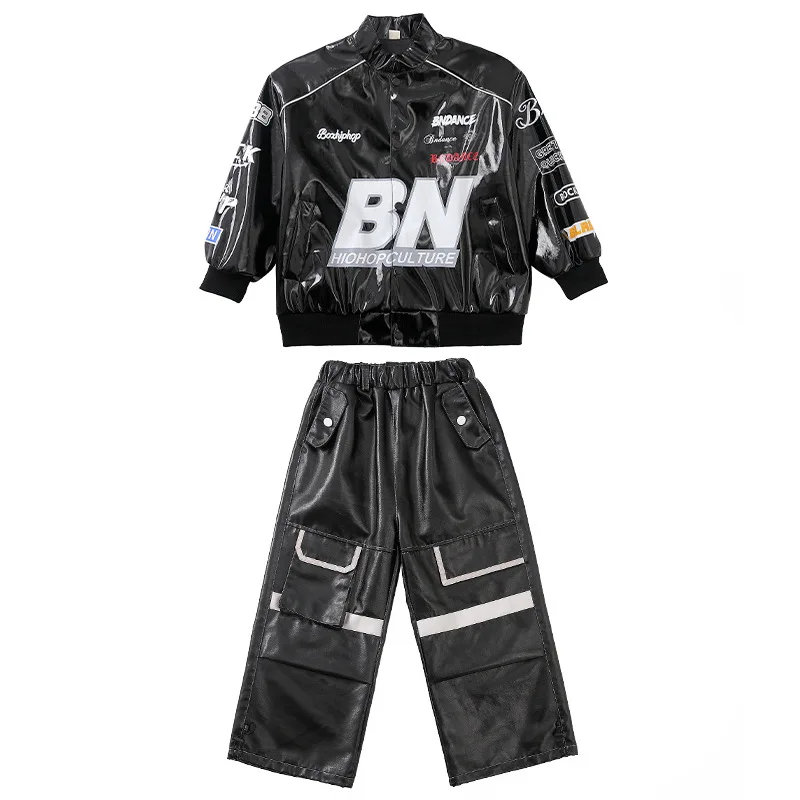 Chaqueta de cuero de moda K-pop para niños, pantalones Cargo de baile callejero, ropa informal estilo Hip Hop para niñas, conjunto de ropa para niños, disfraz de Jazz suelto