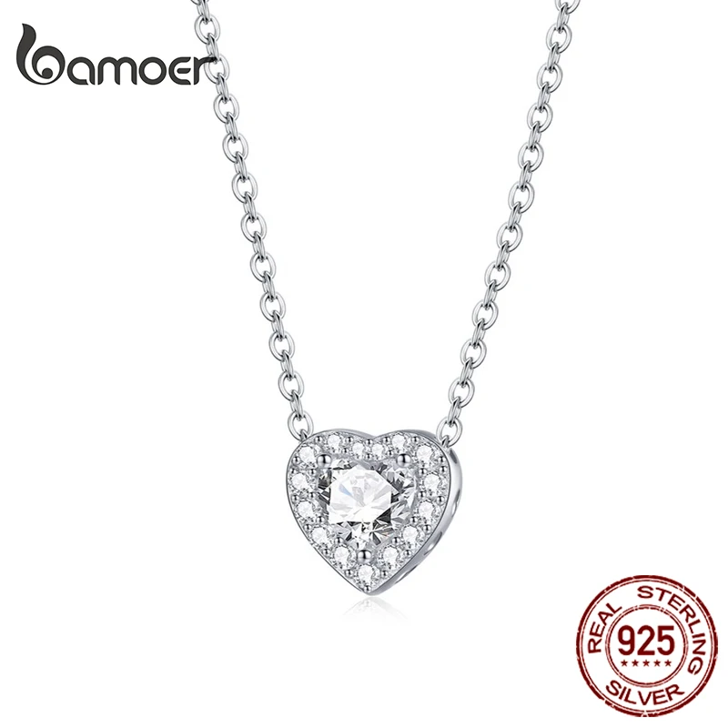 Bamoer 925 Sterling Silver Bright Love Necklace Chain Dazzling Shiny Heart Shape Crystal Charm Wedding Engagement Jewelry SCN455