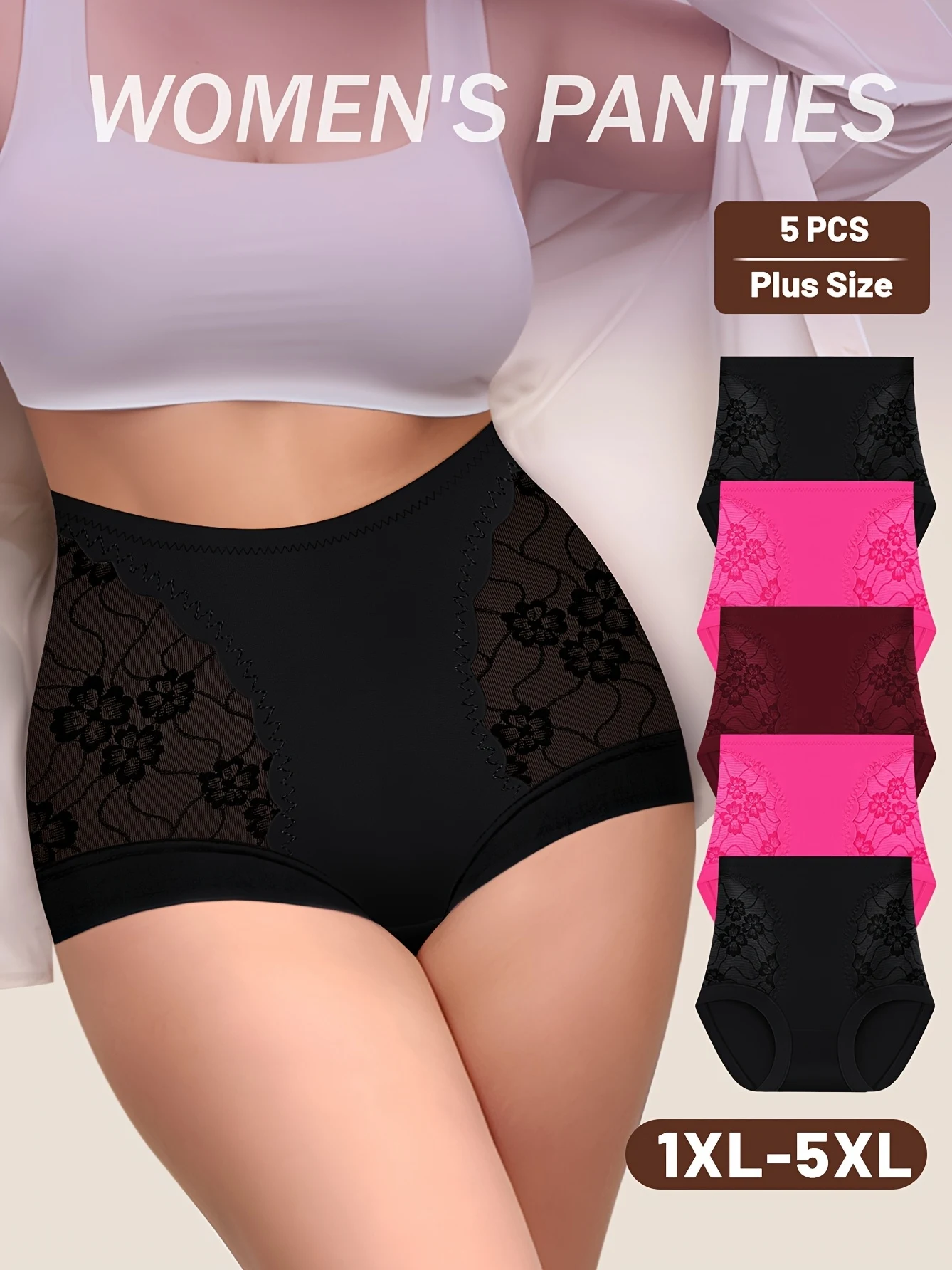 

5PCS plus Size High-Waisted Panties for Women Elegant Black Lace Floral Design Breathable Stretchy Comfort Fit Tummy Control