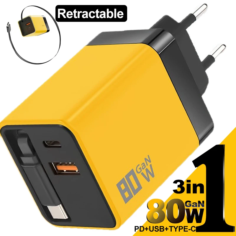 Зарядное устройство MAX GaN 3 в 1, 80 Вт, портативный адаптер Type-C и 2 USB-порта, выдвижной кабель Type-C, быстрое зарядное устройство для IPhone 17 Smasung Mi