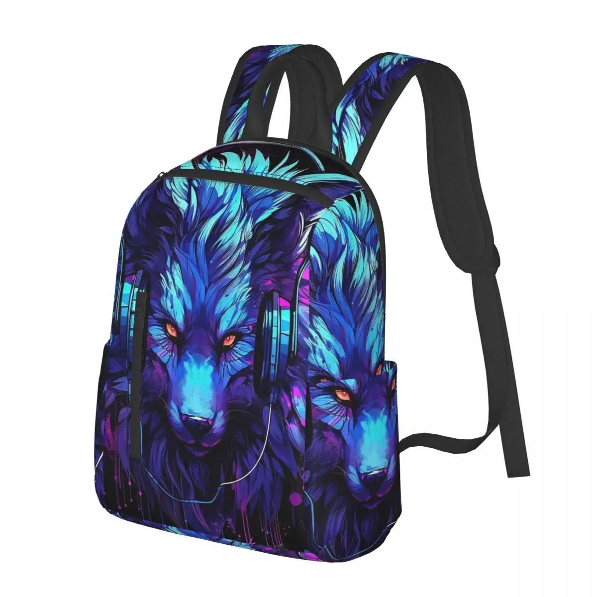 

Neon Graffiti Wolf With Headphone Student Backpack School Bag Hiking Travel Daypack for Men Women Bookbag Shoulder Bags