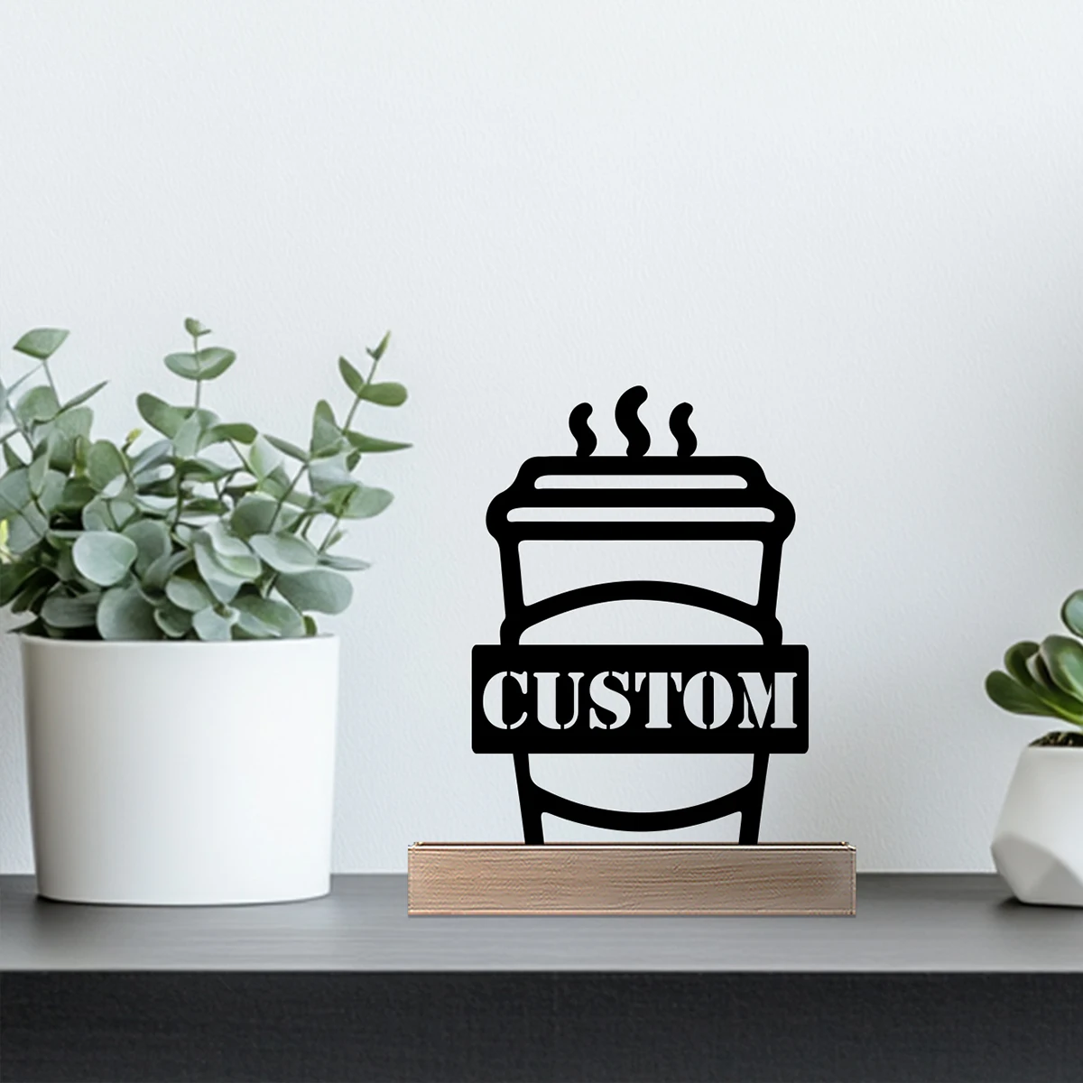 1pc Abstract drink Customized Text Iron Statue With Wood Base Metal Ornament Iron Sculpture Handicraft With Wood Base Bedroom