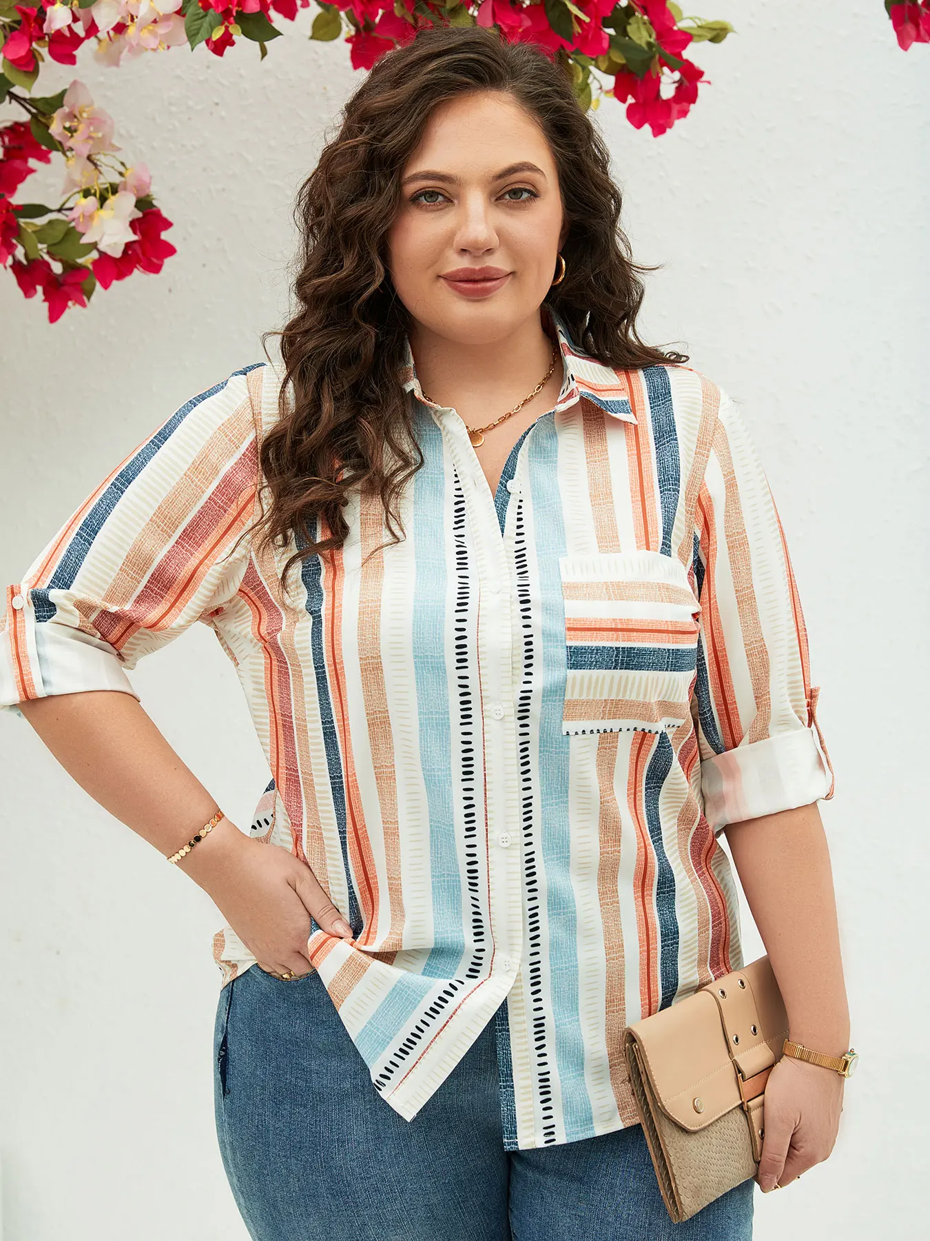 Plus size collar button up shirt, spring casual short sleeved shirt, women's plus size clothing