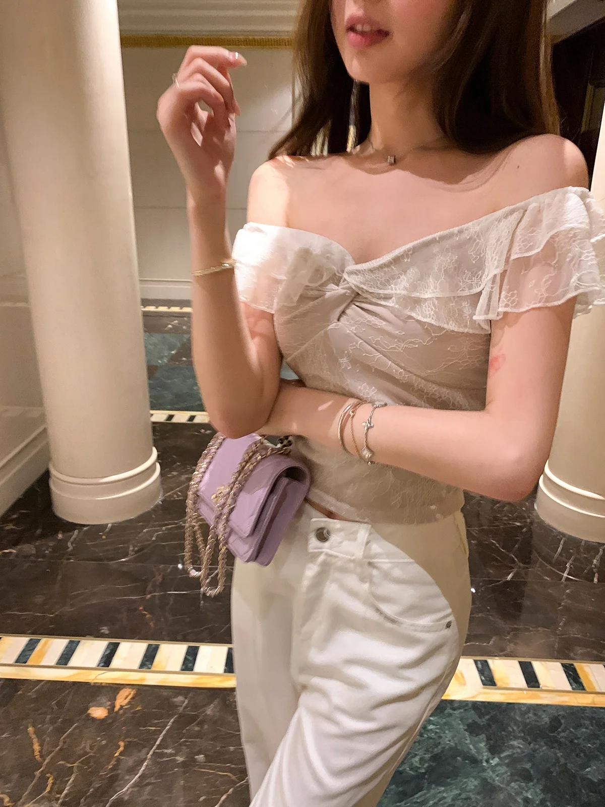 

YOLI Purple Mist Lace Layered oulder Bared Women's Top Small irt Spring Summer Slim Fit Polyester Fiber Casual Sle