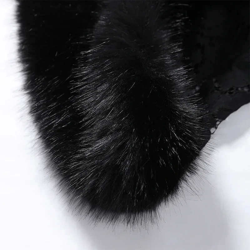 V-Ausschnitt Kurze Kunstpelzjacke für Damen in Schwarz, mit Lochmuster, Spitze, langen Ärmeln, schmal geschnitten, für Herbst und Winter, modische Damenjacke 2026 – Detail 4