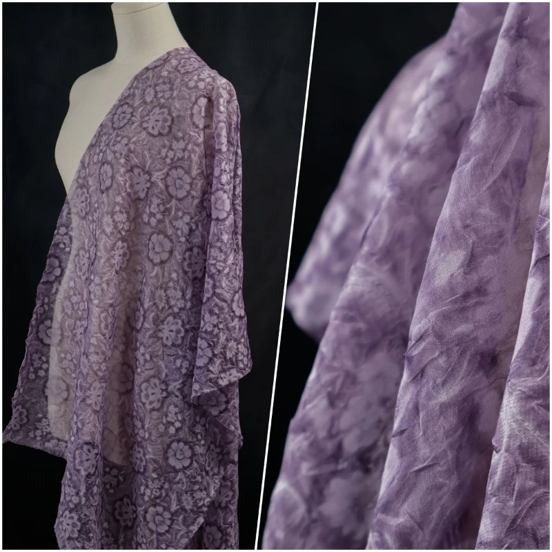 Soft Semi Transparent Light Purple Chiffon Relief Three-dimensional Rose Organza Fabric Hanfu Dress Shirt Fabric