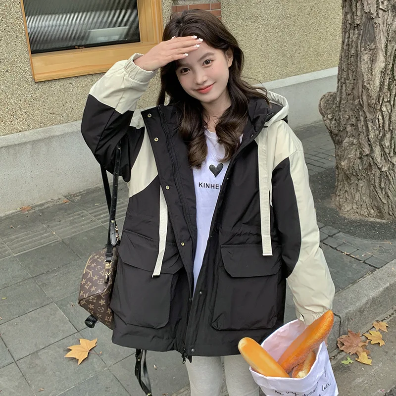 

Black Color-Block Lightweight Warm Hooded White Duck Down Jacket 2025 Winter Korean Version Loose Versatile Workwear Windbreaker