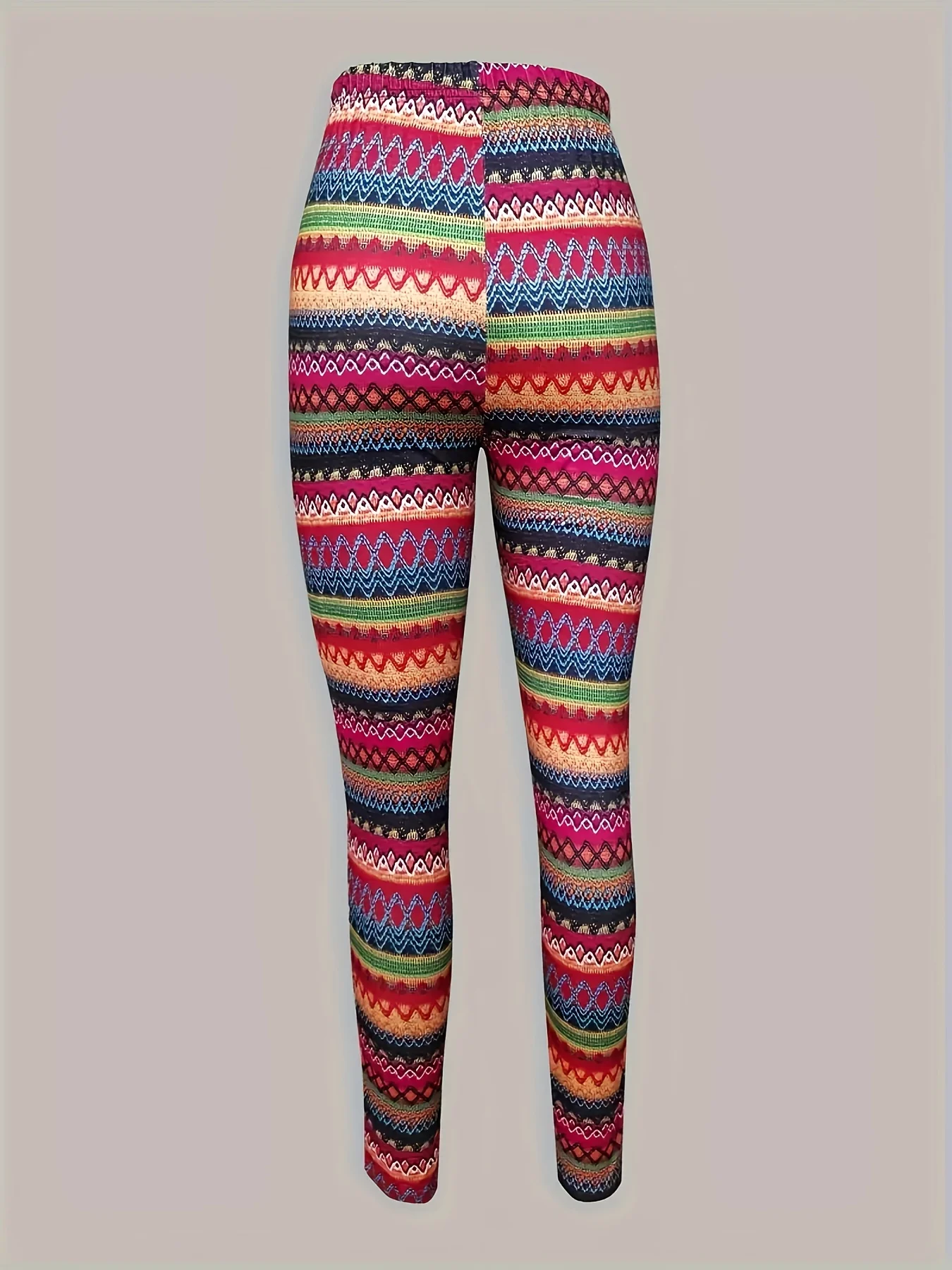 Women's Mid‑Rise Fleece Lined Leggings Ethnic Tribal Geometric Stripe Print Stretch Slim Warm Ladies Casual Pants - view 2