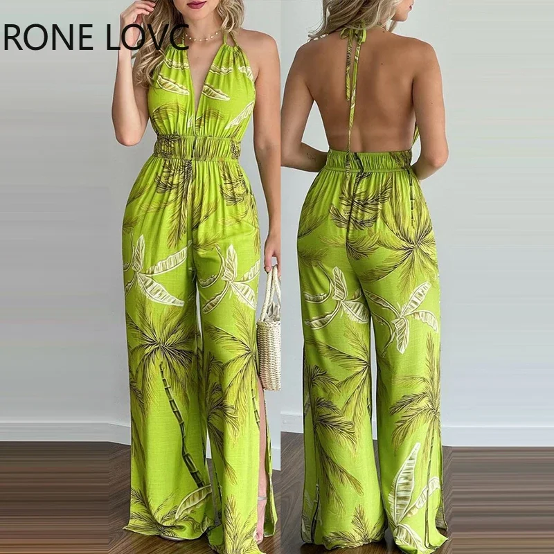 Women Jumpsuits Outfits Summer Jumpsuit Tropical Print Halter V Neck Jumpsuit