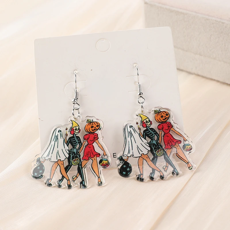 1Pair Halloween Drop Earring Creative Acrylic Vintage Pumpkin No Feet Ghost Fashion Jewelry For Woman Girl Holiday Birthday Gift