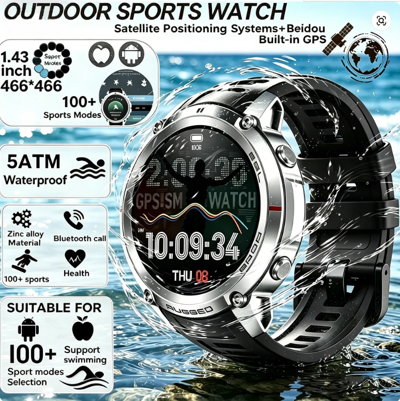

2026 New Global Six Satellite GPS Positioning 1.43 Inch HD AMOLED Screen 2026 Men Outdoor Smart Watch Military Grade Waterproof