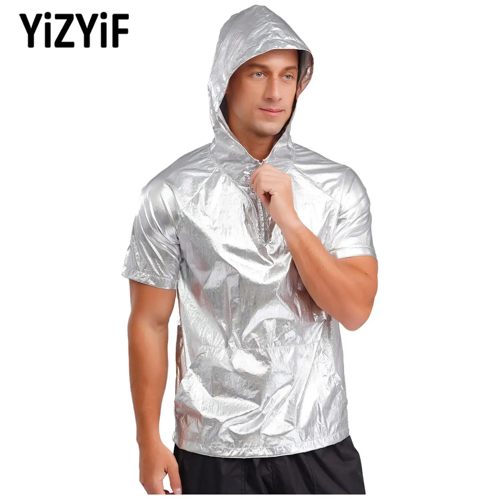 

Мужской спортивный топ для тренировок, модная металлическая толстовка с капюшоном и коротким рукавом на молнии, пуловер с капюшоном, легкий топ для вечеринки, клуба, музыкального фестиваля