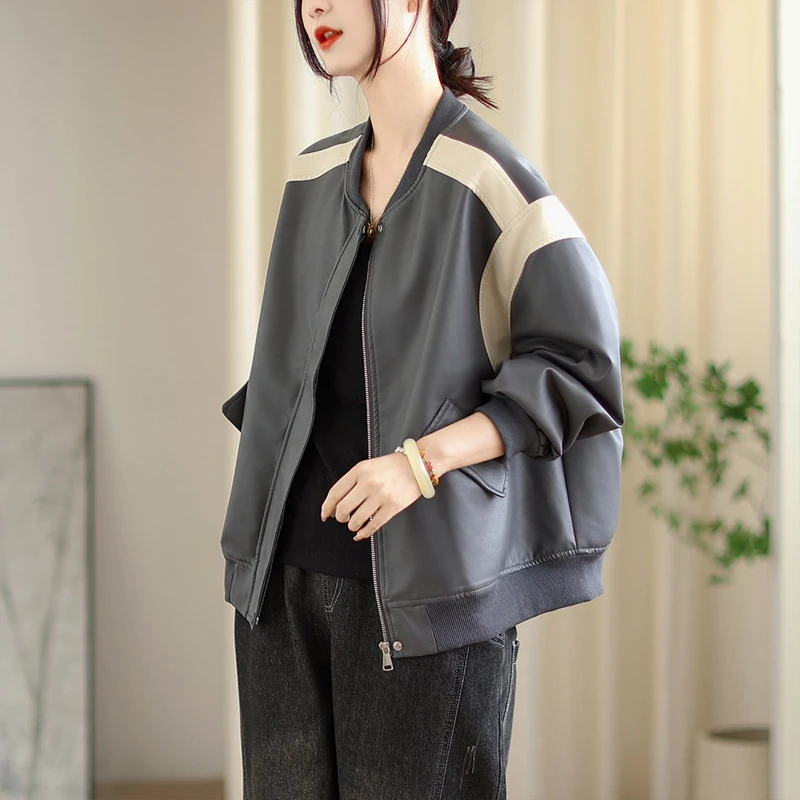 Masss Wasss 2025 otoño mujer ocio Vintage Patchwork talla grande chaquetas de piel sintética señoras cortavientos sueltos moda PU abrigos