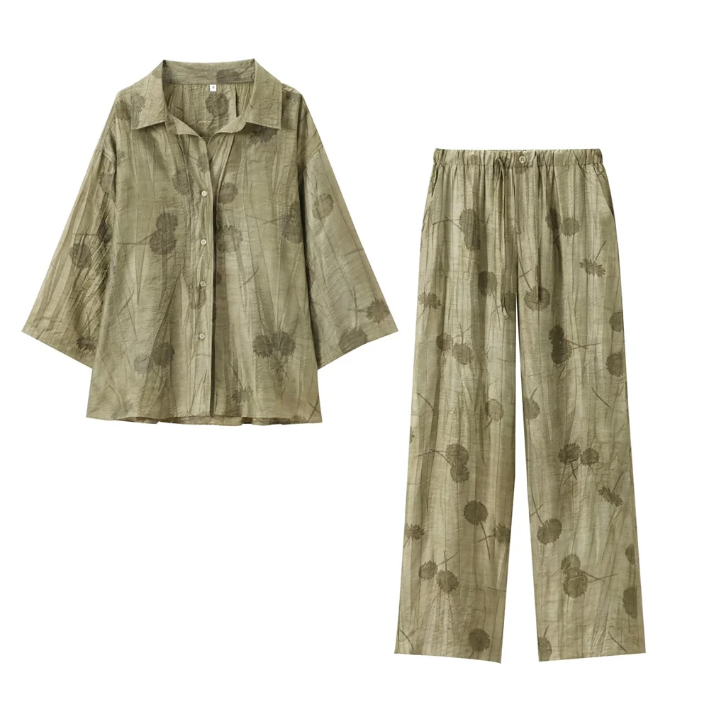 Taop&Za 2024 Summer New Product Women\'s Fashion Casual Polo Collar Long Sleeve Jacquard Loose Shirt High Waist Long Pants Set