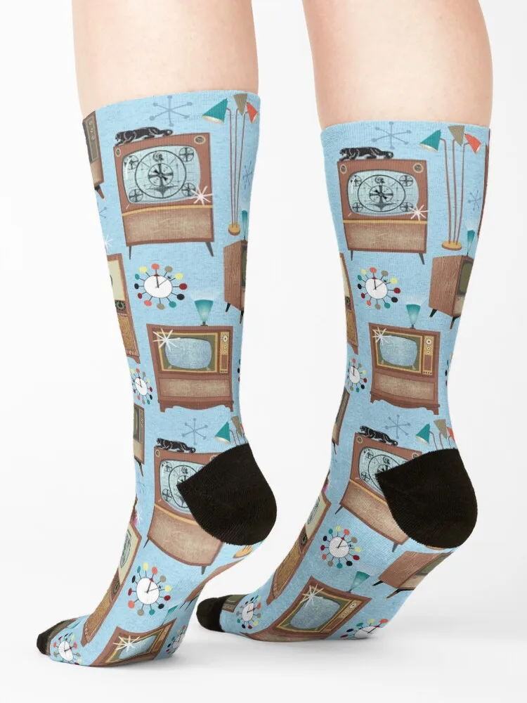 1950s Vintage Television Sets with Cat Lamps and Atomic Clocks Socks valentine gift ideas snow kawaii floral Socks Men Women's