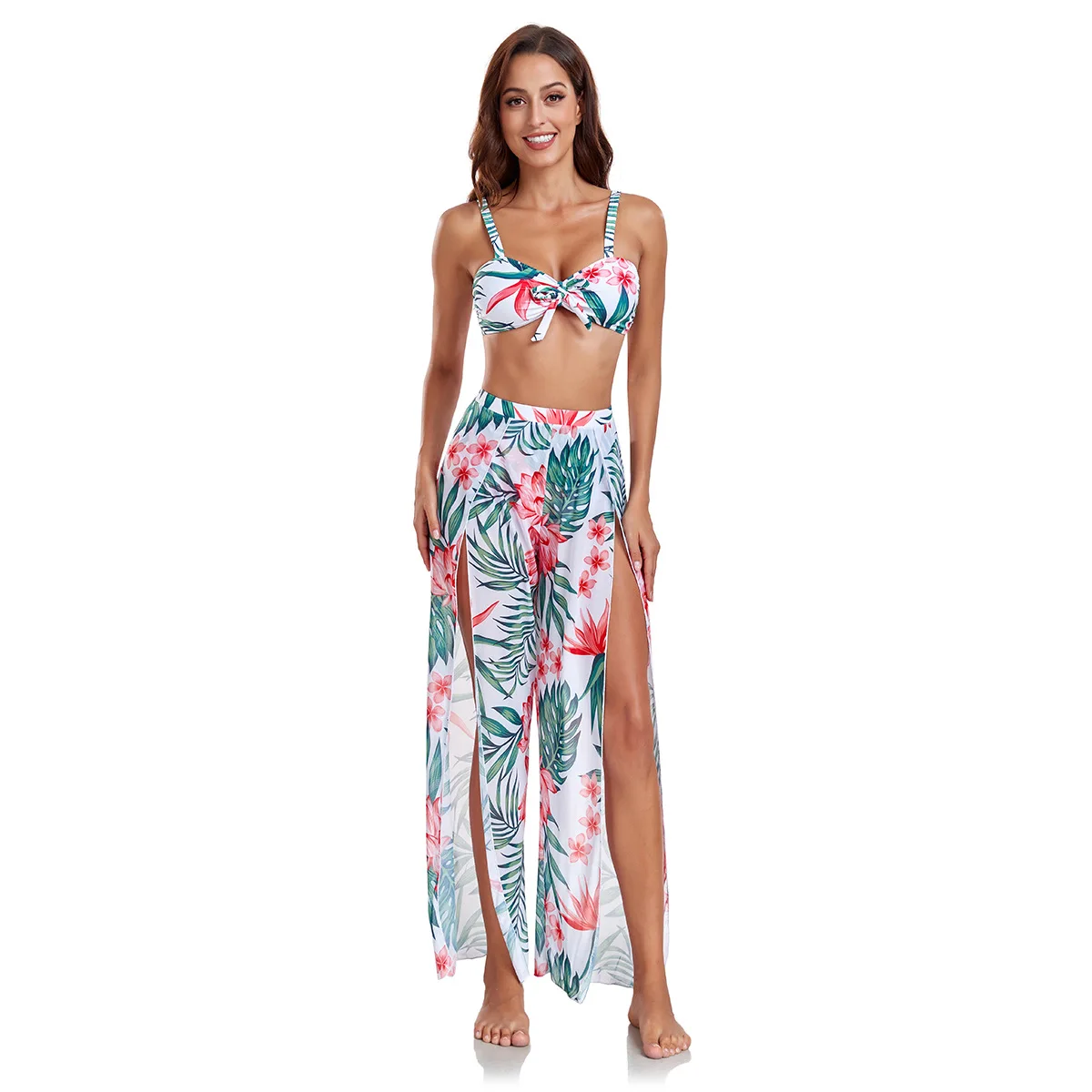 New 3 Pieces Set Swimsuit Women Print Swimwear Sexy High Waist Bikini Set With Sarong Skirts Cover Up Beach Wear Bathing Suit