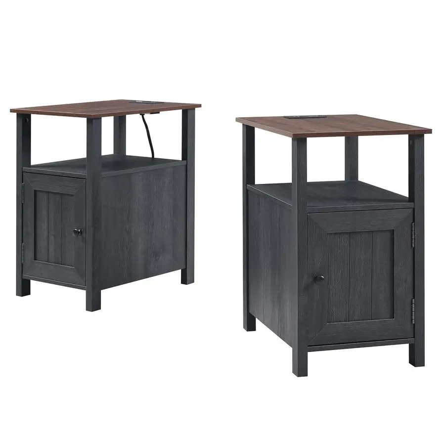 

with Charging Station, Farmhouse End Table Set of 2, Rustic Sofa Side Table with Groove Barn Door amp Open Shelves, Wood Bedside