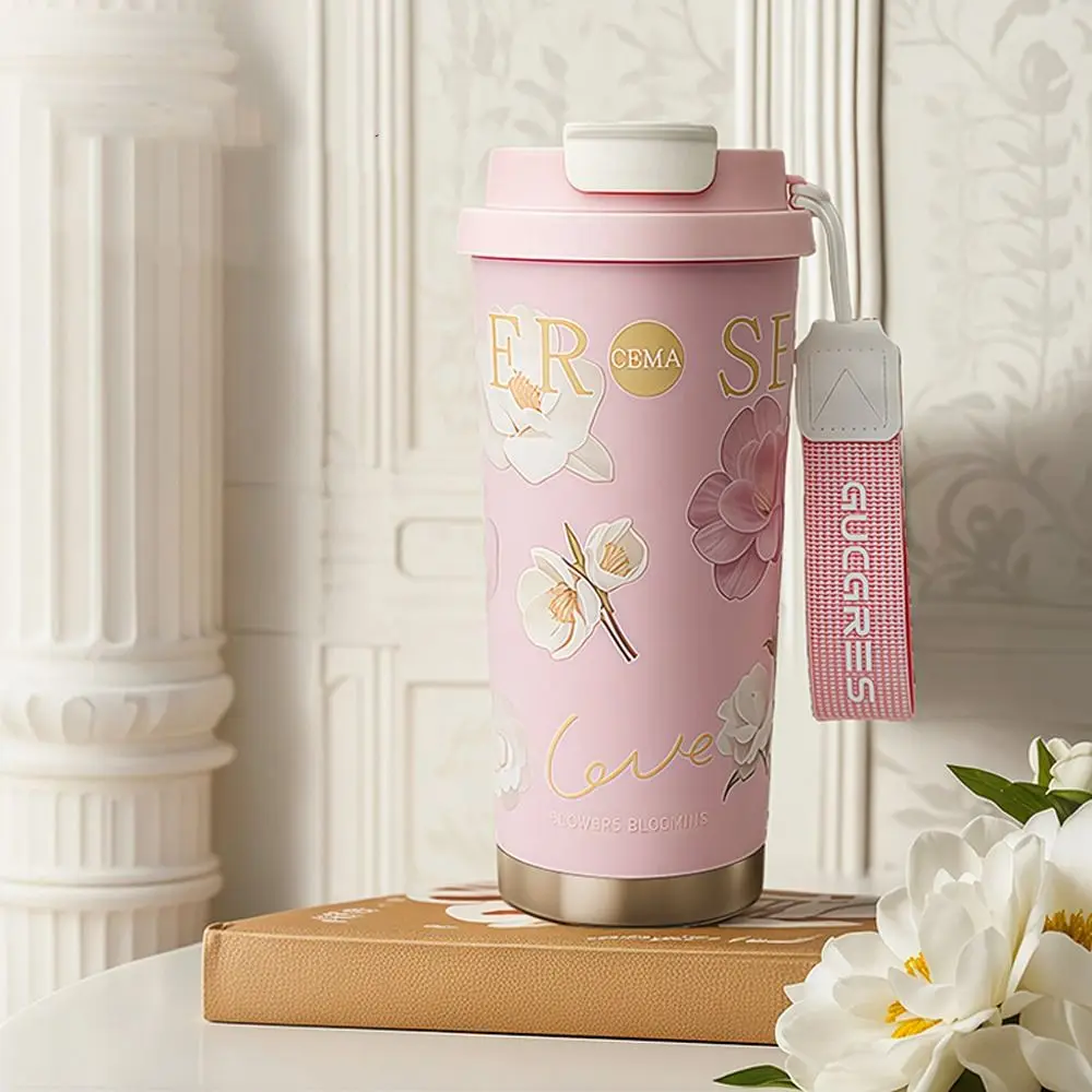 

500ML Thermo Coffee Mug Stainless Steel LeakProof Travel Thermo Cup Flower Print Ceramic Coating Insulated Cup Office Use
