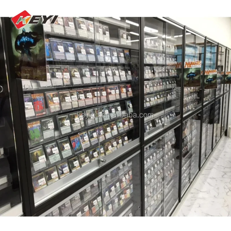 custom.Wall Mounted Metal Frame Sport Cards Display Adjustable Acrylic Shelves Graded TCG Glass Lockable Door Display Collec