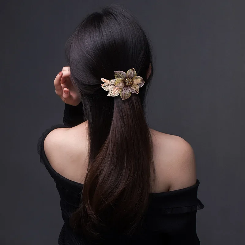 Fashion Copper Wire Weaving Flower Hairpin Bride Hair Accessories for Women Luxury Horsetail Spring Clip Headwear Jewelry Tiara