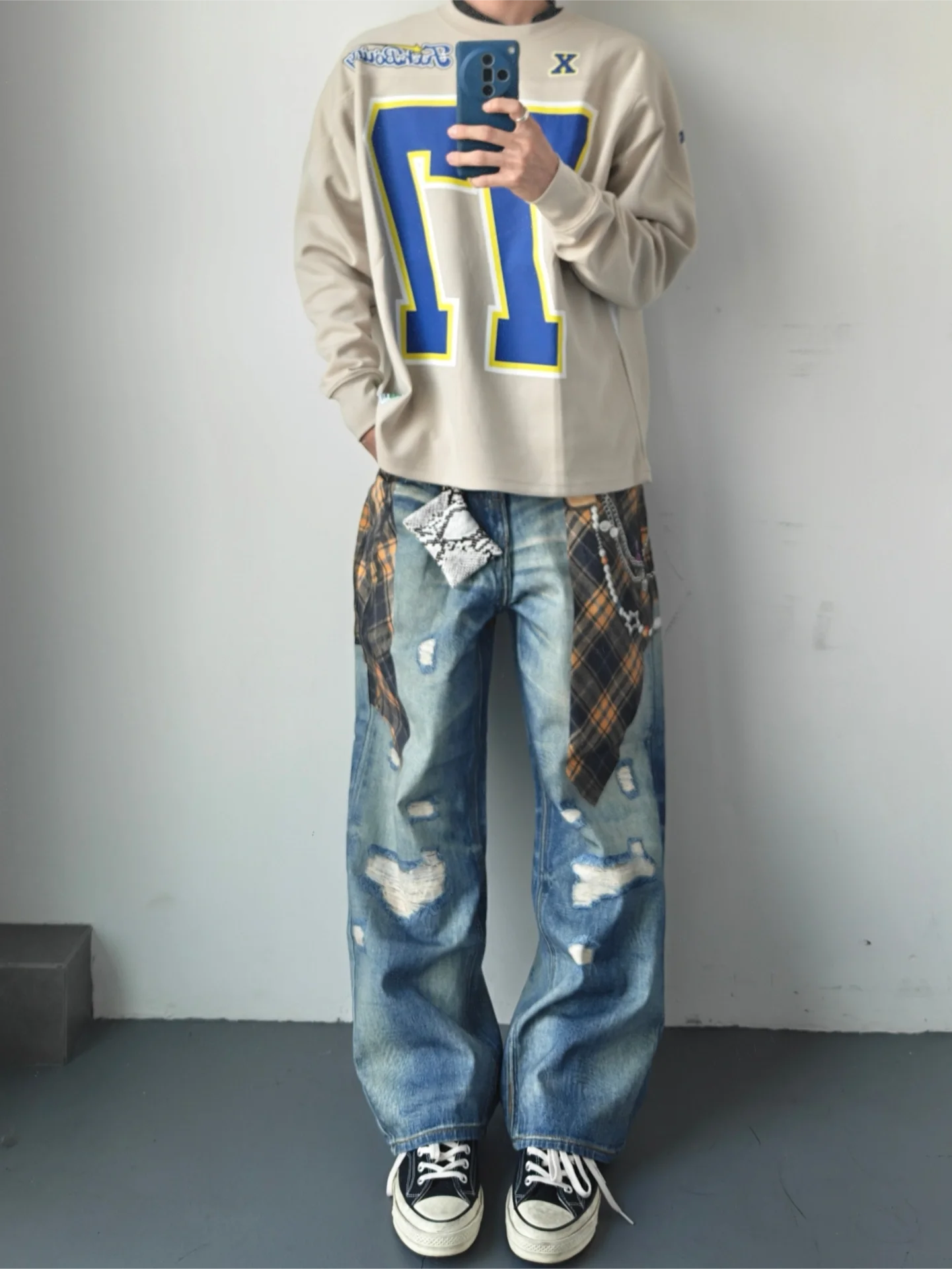 

Retro American Street Design Plaid Shirt Printed Jeans Men's Loose Straight Casual Long Trousers Trendy mid Waist Zipper Fly ...